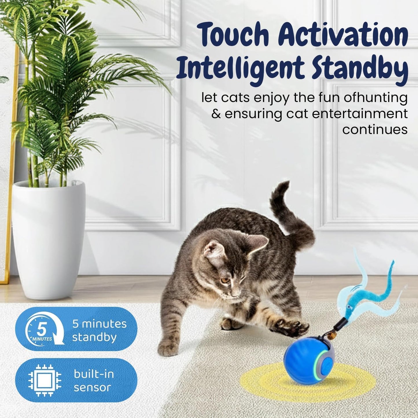 Interactive Cat Toy Ball - Motion-Activated, USB Rechargeable Cat Toys for Indoor Cats with Anti-Scratch Cover & 2 Changeable Tails - Enrichment Toy for Active Cats & Kittens - Best Pet Care Store