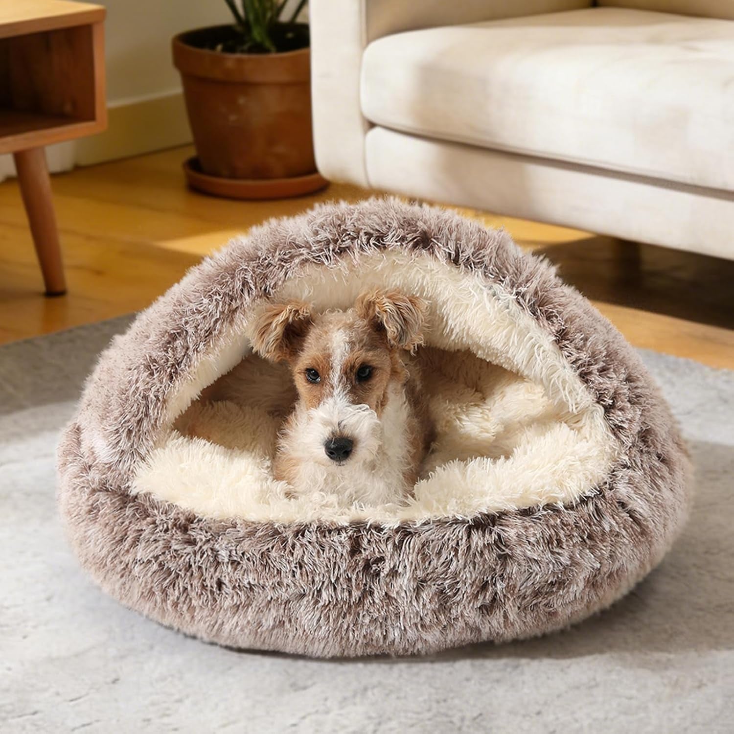 Hooded Donut Dog & Cat Cave Bed – Anti-Anxiety Plush Fluffy Covered Pet Bed, Small & Medium - Best Pet Care Store