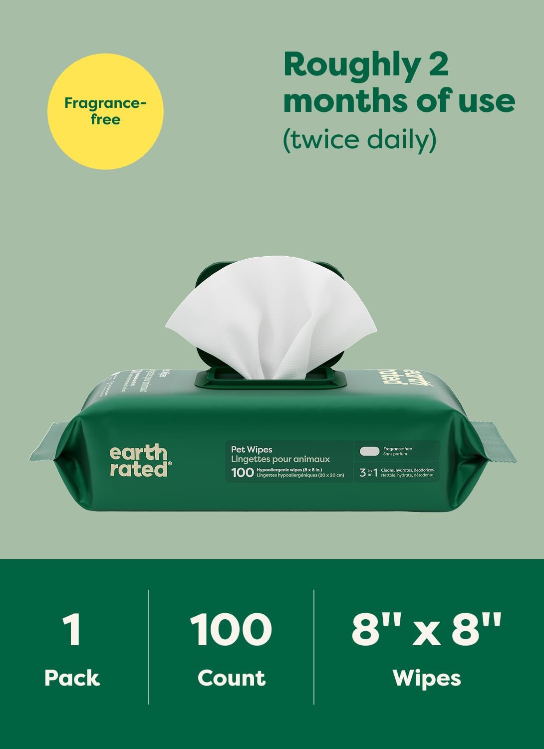Hypoallergenic Pet Wipes for Dogs & Cats – 3-in-1 Clean, Deodorize & Hydrate, Unscented, 100ct - Best Pet Care Store