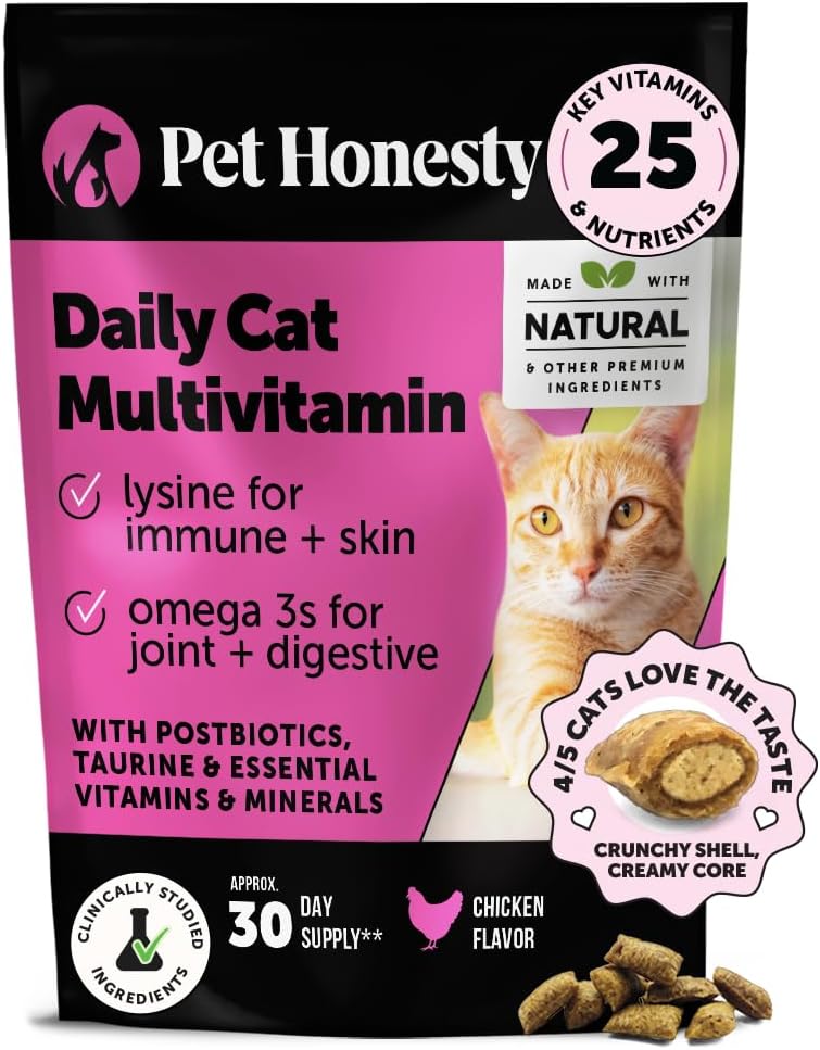 Cat Multivitamin Crunchy Creamy Chews - Daily Cat Vitamins with Lysine, Prebiotics, Omega 3 Fish Oil - Cat Treats for Immune Support, Skin Coat, Digestion, Heart + Joint Health (30-Day Supply) - Best Pet Care Store