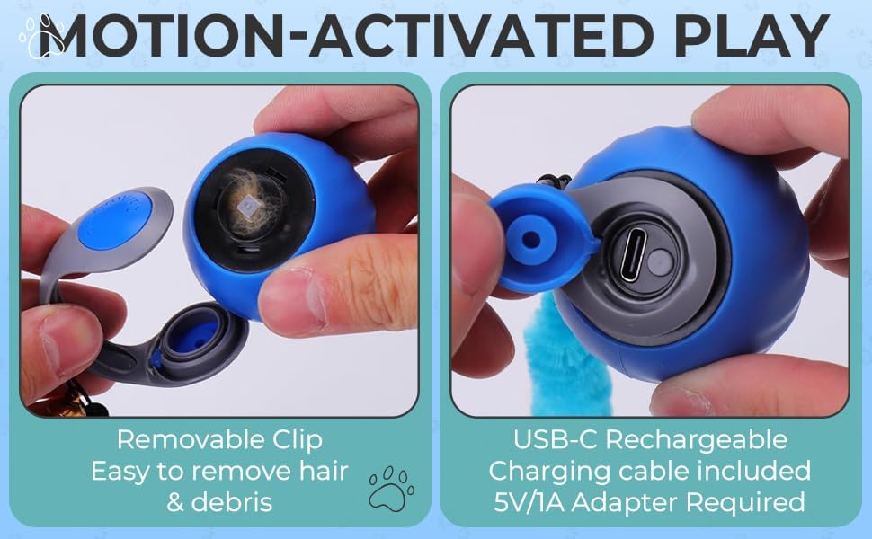 Interactive Cat Toy Ball - Motion-Activated, USB Rechargeable Cat Toys for Indoor Cats with Anti-Scratch Cover & 2 Changeable Tails - Enrichment Toy for Active Cats & Kittens - Best Pet Care Store