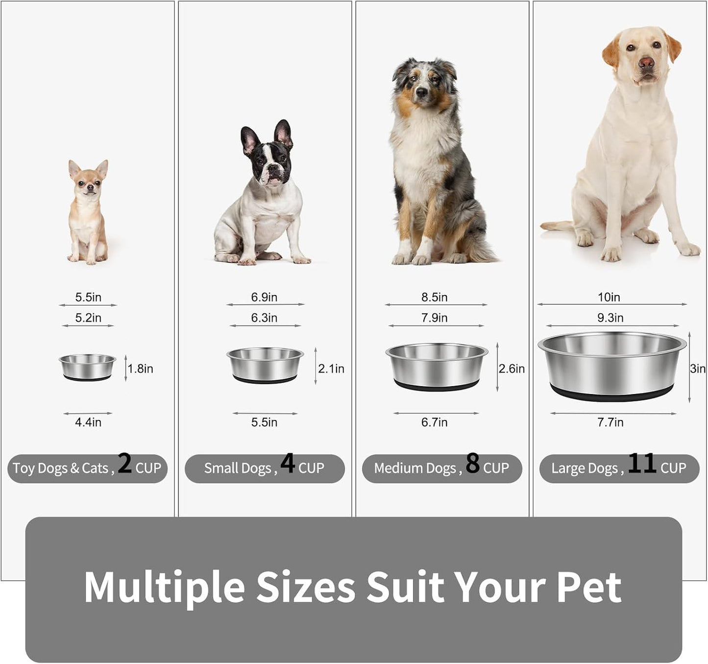 4 Cup Stainless Steel Dog Bowls Set of 2 for Food and Water, Silicone Base Anti-Slip, Rust Resistant, Extra Thick Metal Bowls for Small Dogs, 30Oz, Black - Best Pet Care Store