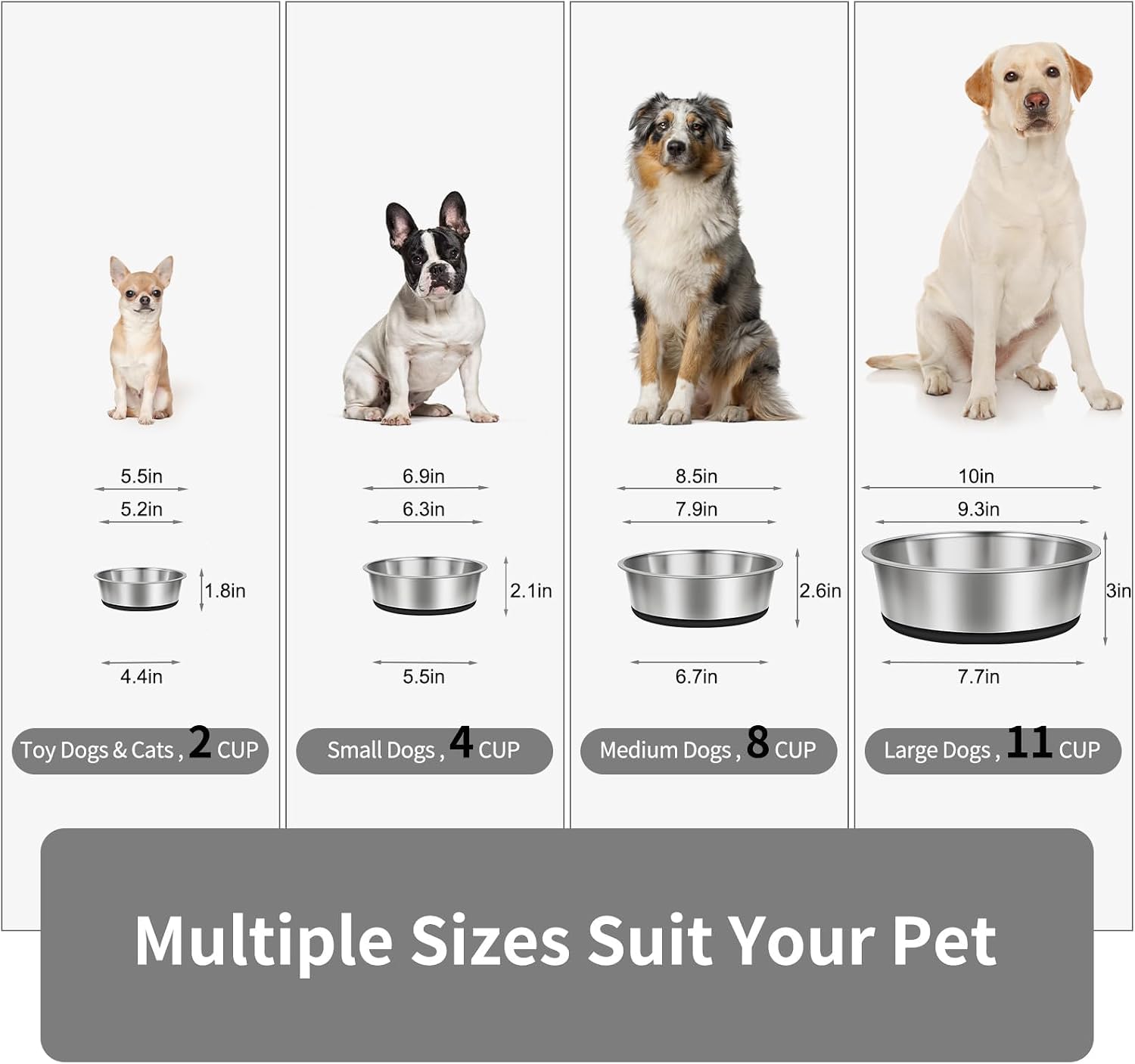 4 Cup Stainless Steel Dog Bowls Set of 2 for Food and Water, Silicone Base Anti-Slip, Rust Resistant, Extra Thick Metal Bowls for Small Dogs, 30Oz, Black - Best Pet Care Store