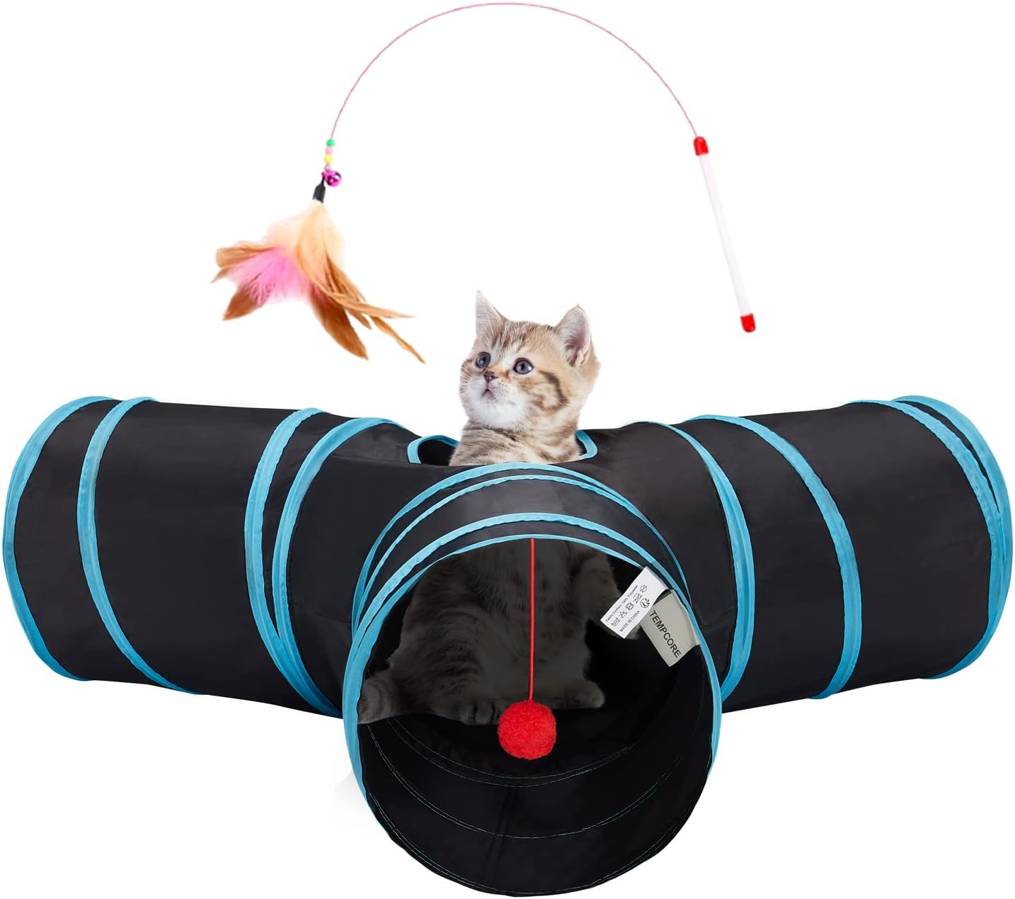 3-Way Collapsible Cat Tunnel Tube with Teaser Wand & Hanging Ball - Best Pet Care Store