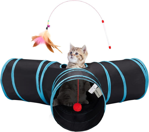 3-Way Collapsible Cat Tunnel Tube with Teaser Wand & Hanging Ball - Best Pet Care Store