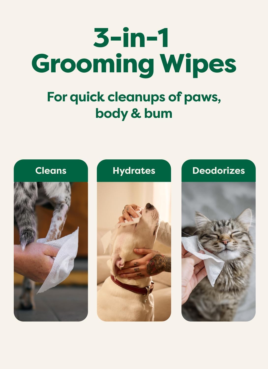 Hypoallergenic Pet Wipes for Dogs & Cats – 3-in-1 Clean, Deodorize & Hydrate, Unscented, 100ct - Best Pet Care Store