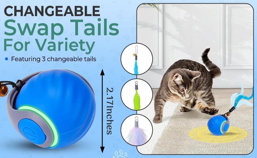 Interactive Cat Toy Ball - Motion-Activated, USB Rechargeable Cat Toys for Indoor Cats with Anti-Scratch Cover & 2 Changeable Tails - Enrichment Toy for Active Cats & Kittens - Best Pet Care Store