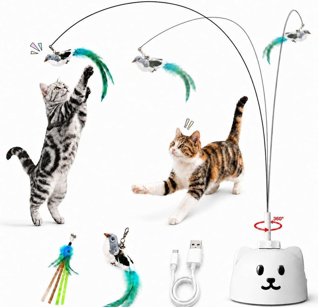 Interactive Cat Toys for Indoor Cats, 360° Automatic Spin Flying Bird Wand | 8Cm Suction Cup & Weighted Base, Silicone-Protected Rod, USB Rechargeable with Replaceable Feather & Streamer Attachments