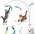 Interactive Cat Toys for Indoor Cats, 360° Automatic Spin Flying Bird Wand | 8Cm Suction Cup & Weighted Base, Silicone-Protected Rod, USB Rechargeable with Replaceable Feather & Streamer Attachments