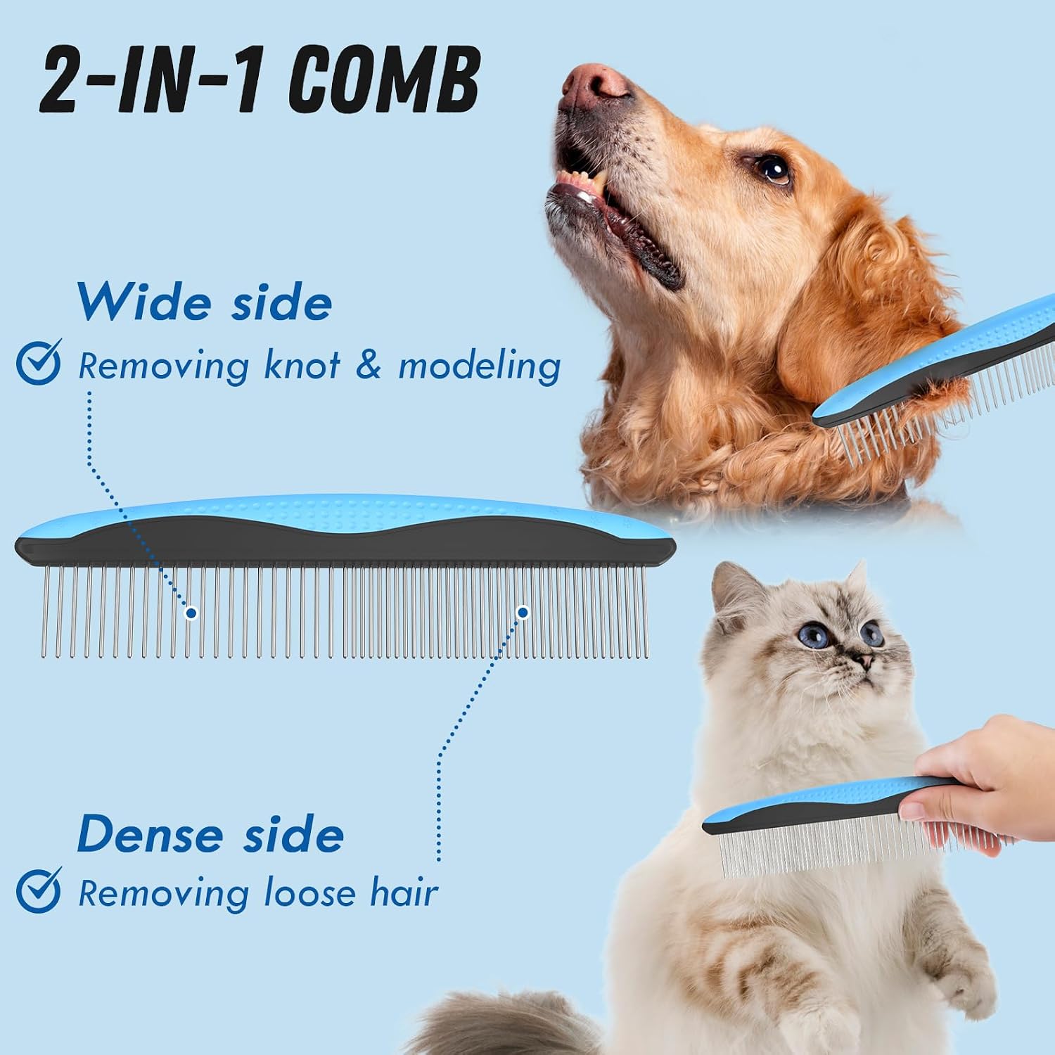 Pet Grooming Combo - Blue Deshedding Brush with Metal Comb for Detangling and Dematting Long, Matted Fur on Cats and Dogs - Best Pet Care Store