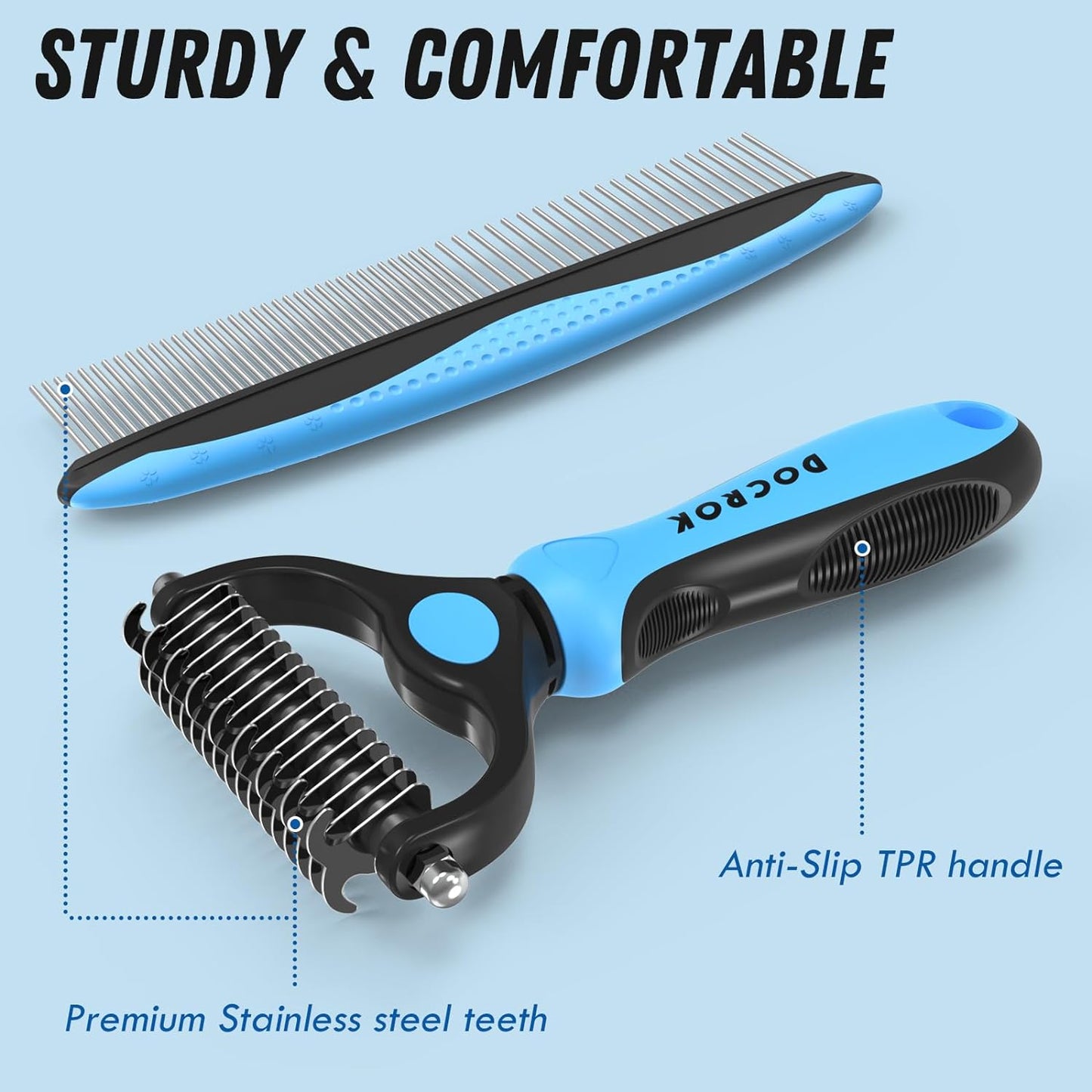 Pet Grooming Combo - Blue Deshedding Brush with Metal Comb for Detangling and Dematting Long, Matted Fur on Cats and Dogs - Best Pet Care Store