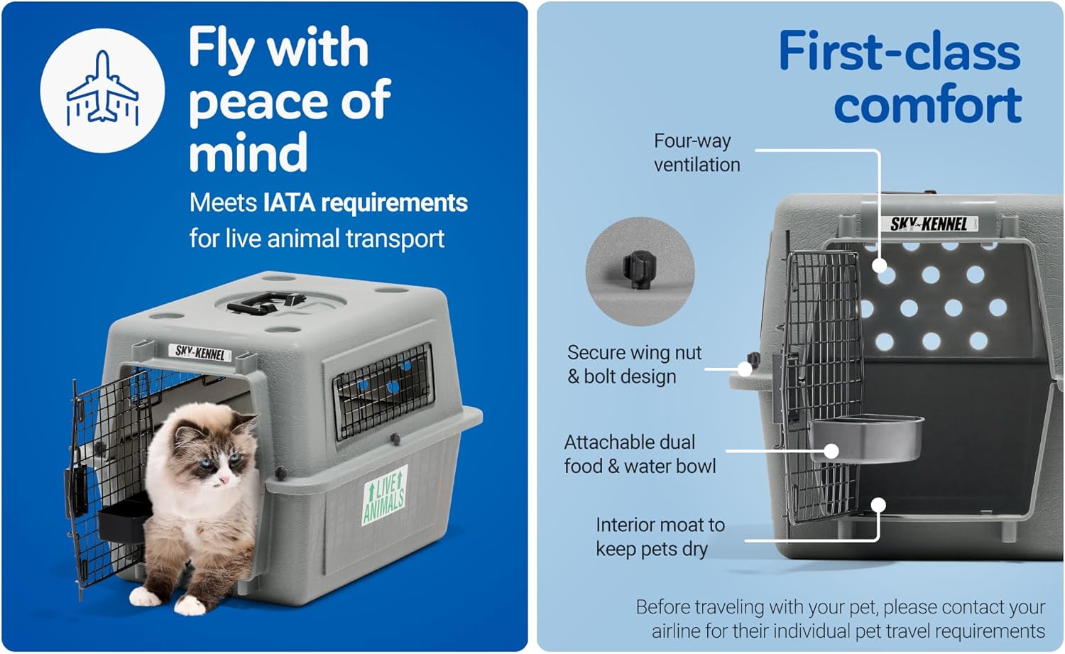 Sky Kennel for Air and Travel Airline Compliant Dog Crate for Smaller Dog Breeds or Pets up to 15 Lbs, Heavy Duty Dog Kennel, Made in the USA- 21" L - Best Pet Care Store