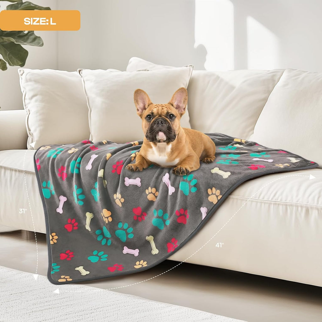 1 Pack 3 Blankets Fluffy Premium Fleece Pet Blanket Flannel Paw Printed Throw for Dog Cat(Small 23X16'', Grey/Brown/Blue) | Washable Throw Blanket for Crate, Couch, Bed, Travel. Cute Paw & Bone Print. Puppy Essential, Dog Gift,Grey/Brown/Blue