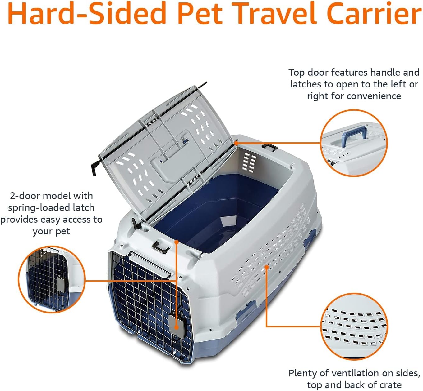 Sturdy Portable 2-Door Top-Load Hard-Sided Pet Travel Carrier with Secure Ventilation, Handle, Front & Top Entry for Dogs, Cats, 22.8"L X 15"W X 13"H, Gray & Blue - Best Pet Care Store