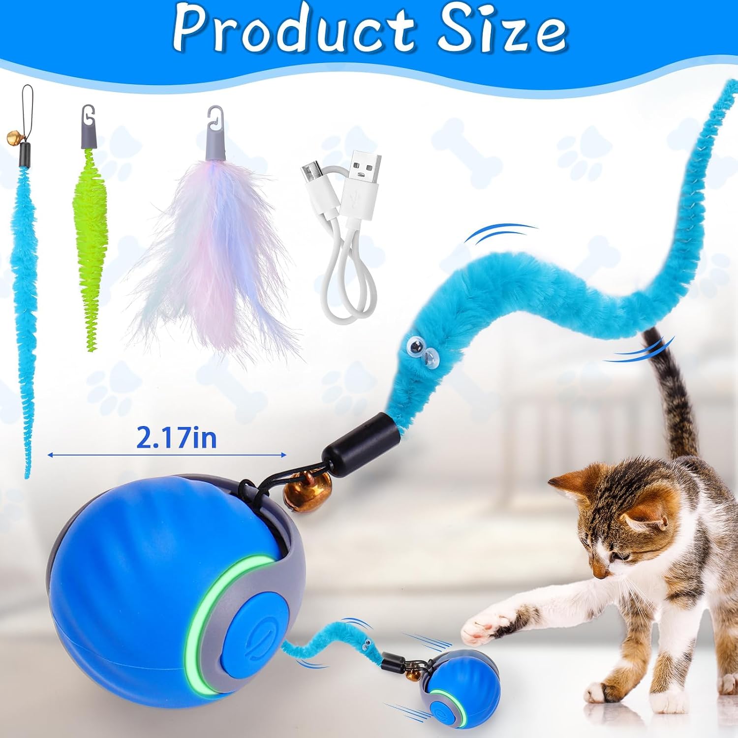Interactive Cat Toy Ball - Motion-Activated, USB Rechargeable Cat Toys for Indoor Cats with Anti-Scratch Cover & 2 Changeable Tails - Enrichment Toy for Active Cats & Kittens - Best Pet Care Store