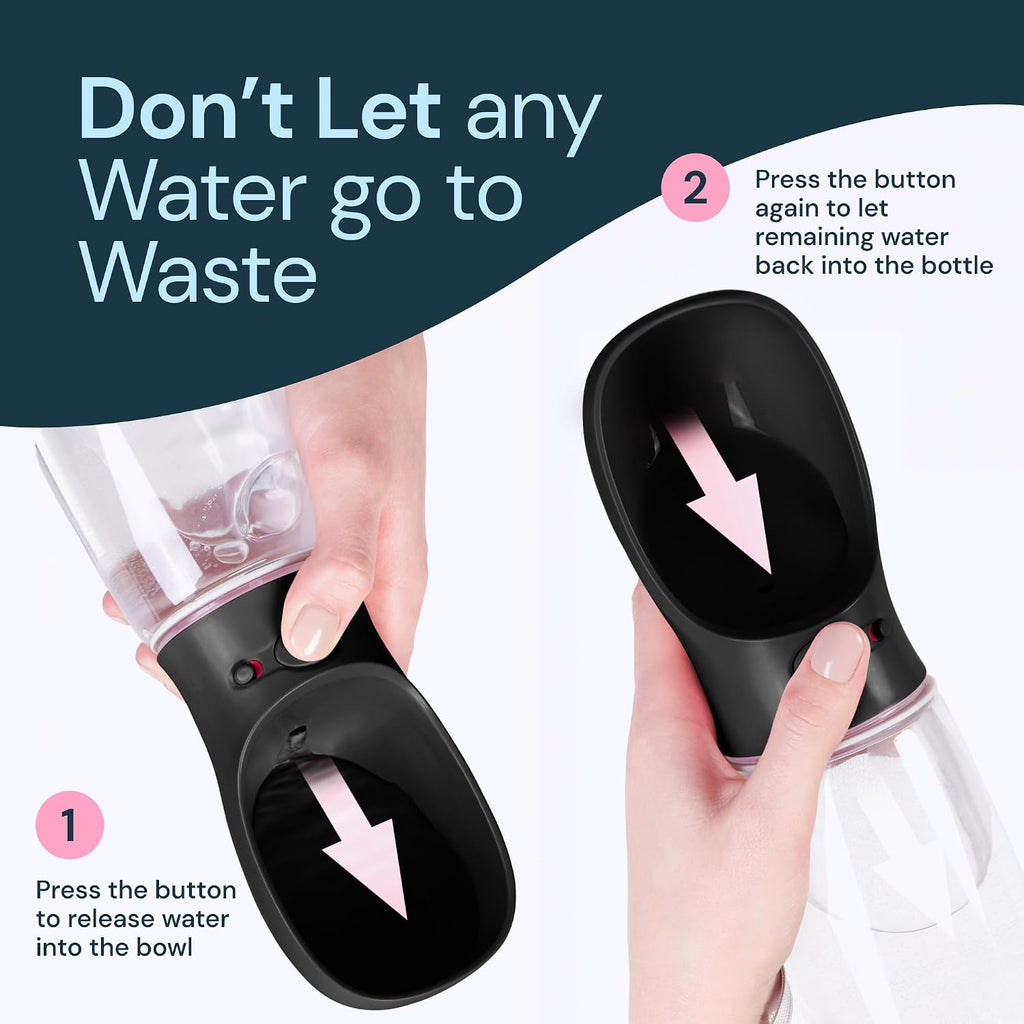 Dog Water Bottle Dispenser - 12 Oz Black, Leak-Proof | 12Oz Leak-Proof Bottle - One-Hand Use - Built-In Bowl - Use for Dog Walks, Travel, Hiking & Beach Days