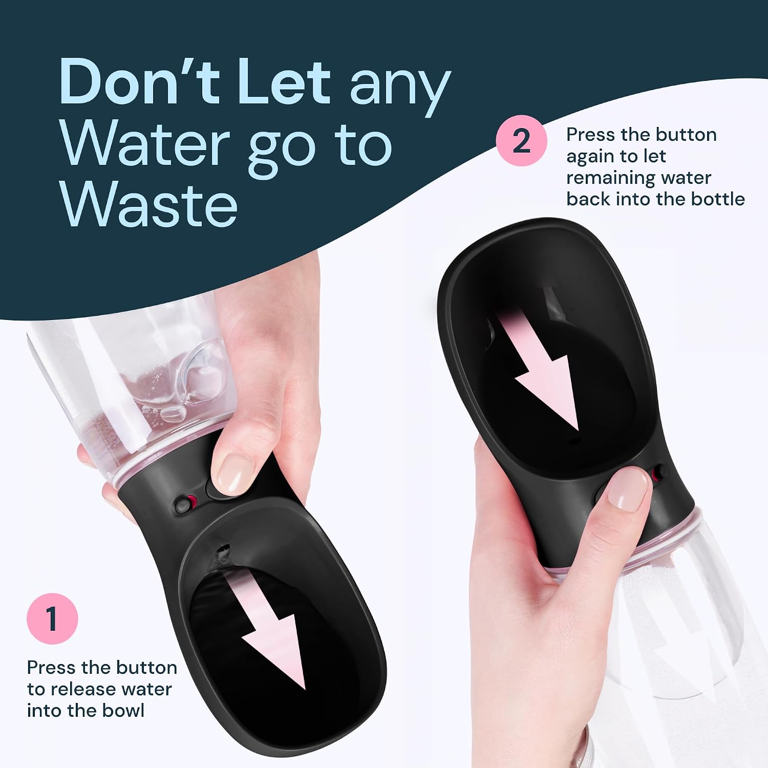 Dog Water Bottle Dispenser - 12 Oz Black, Leak-Proof | 12Oz Leak-Proof Bottle - One-Hand Use - Built-In Bowl - Use for Dog Walks, Travel, Hiking & Beach Days