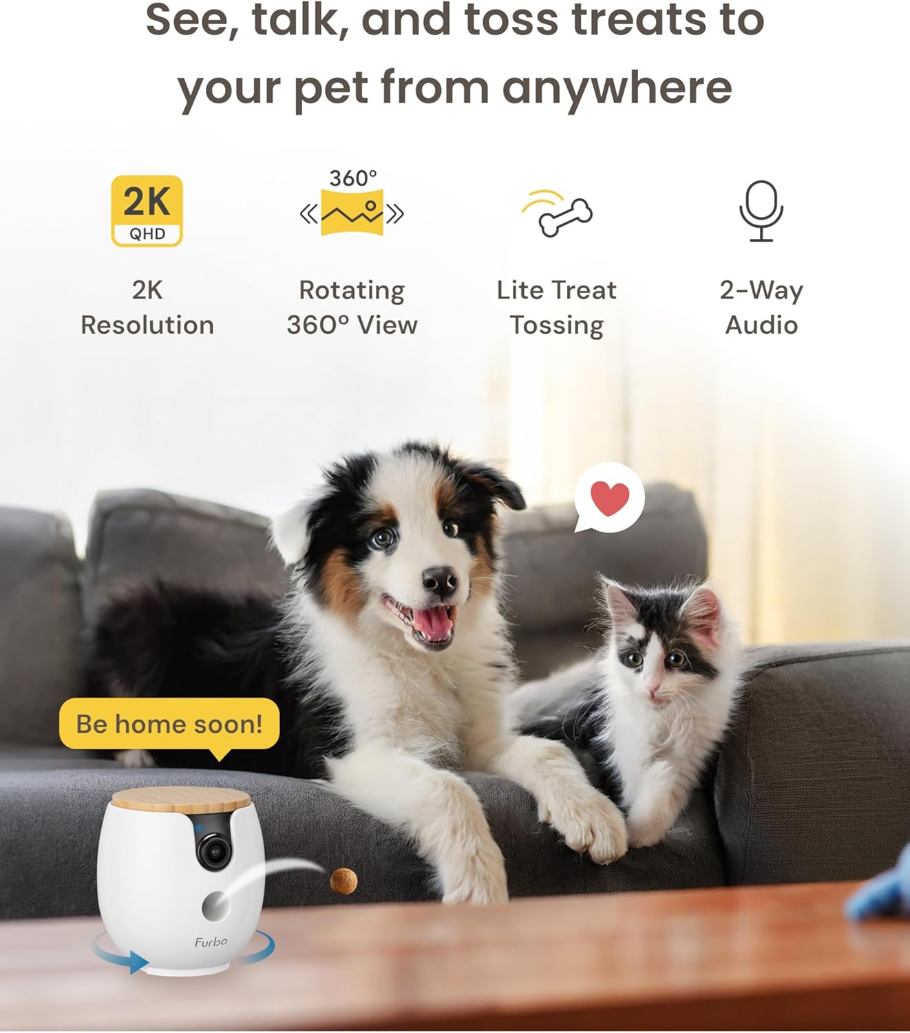 Mini 360° 2K QHD Pet Camera: Basic See, Talk & Toss Features, No AI Alerts, No Subscription Required, Dog & Cat Rotating Treat Dispenser W/Phone App, Smart Indoor Cam, 2-Way Audio & Night Vision - Best Pet Care Store