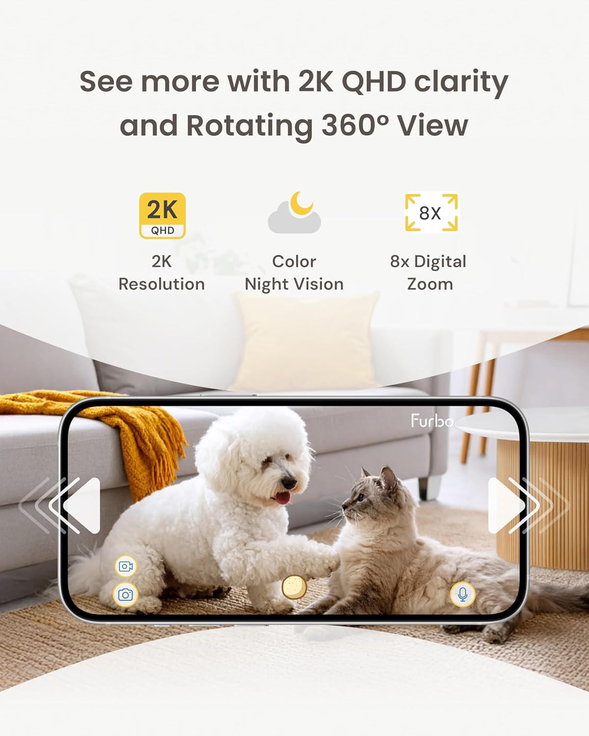 Mini 360° 2K QHD Pet Camera: Basic See, Talk & Toss Features, No AI Alerts, No Subscription Required, Dog & Cat Rotating Treat Dispenser W/Phone App, Smart Indoor Cam, 2-Way Audio & Night Vision - Best Pet Care Store