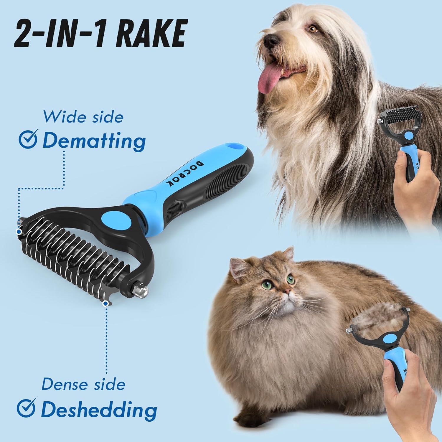 Pet Grooming Combo - Blue Deshedding Brush with Metal Comb for Detangling and Dematting Long, Matted Fur on Cats and Dogs - Best Pet Care Store