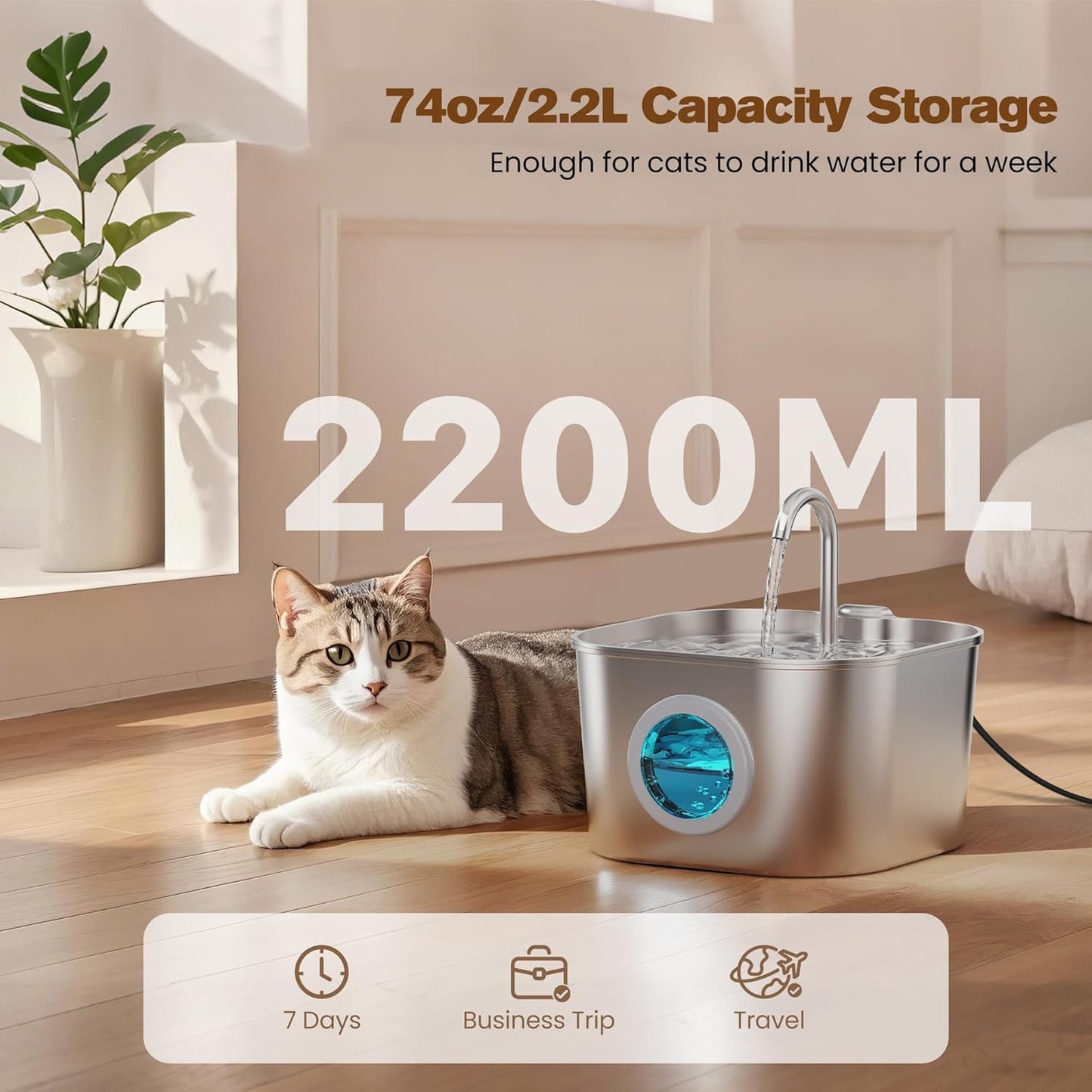 Stainless Steel Cat Water Fountain – Automatic Indoor Pet Waterer, 2.2L with Faucet Flow - Best Pet Care Store