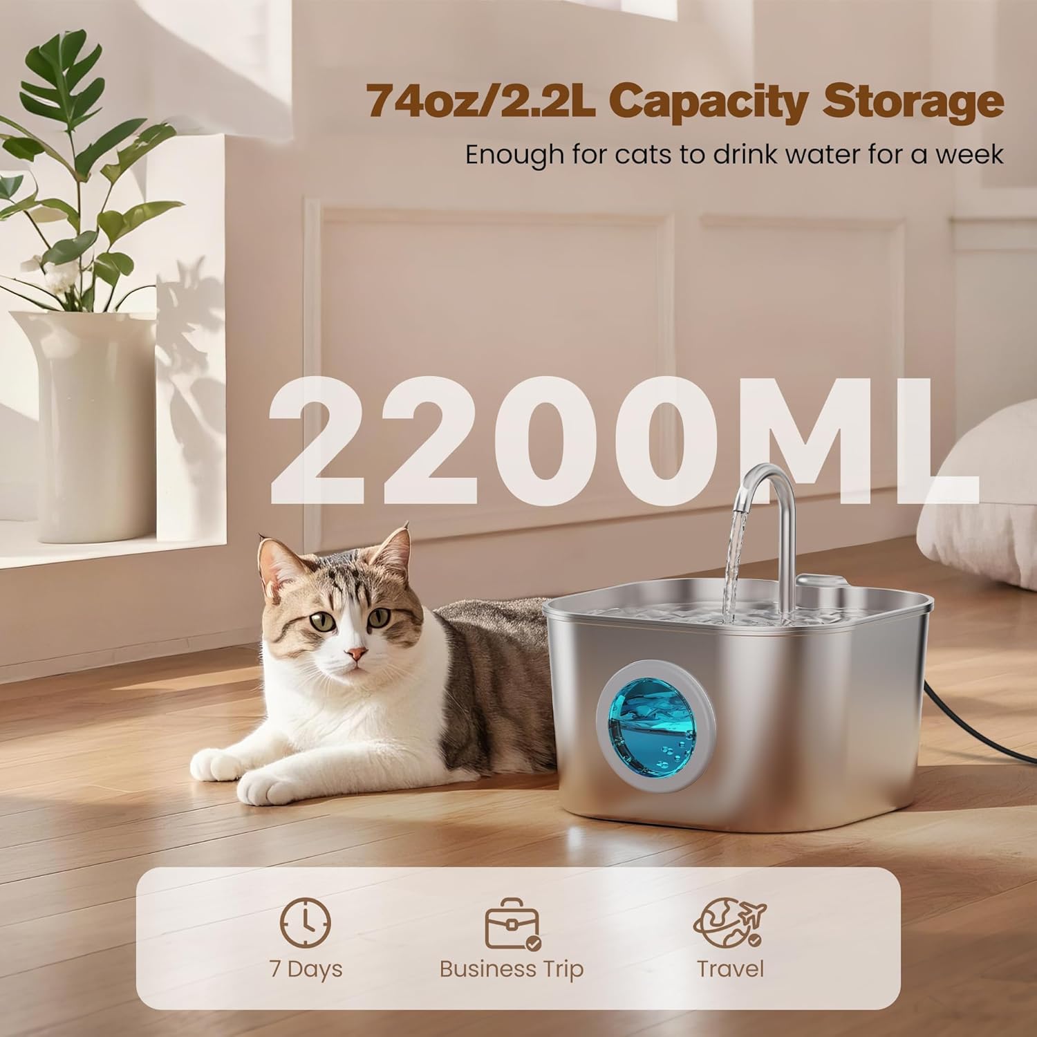 Stainless Steel Cat Water Fountain – Automatic Indoor Pet Waterer, 2.2L with Faucet Flow - Best Pet Care Store