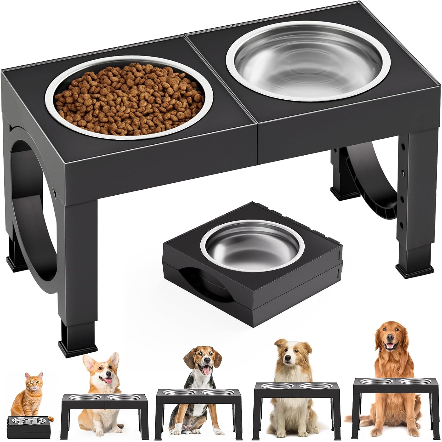 Elevated Dog Bowls Large Breed Raised Dogs Bowl Stand Large/Medium Sized Dog Stainless Steel Food Water Bowl Stands 5 Heights Adjustable 9/11/12/14In Black Pet Feeder Dish Station - Best Pet Care Store