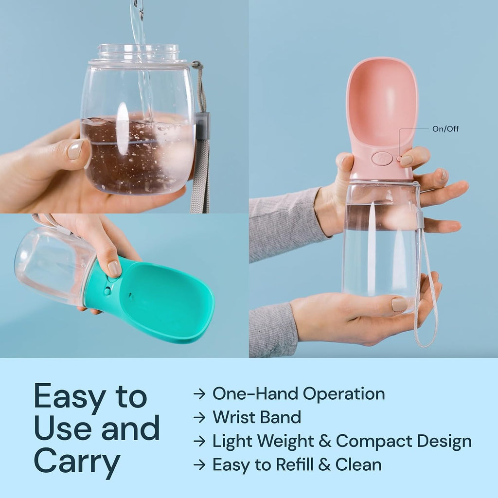 Dog Water Bottle Dispenser - 12 Oz Black, Leak-Proof | 12Oz Leak-Proof Bottle - One-Hand Use - Built-In Bowl - Use for Dog Walks, Travel, Hiking & Beach Days