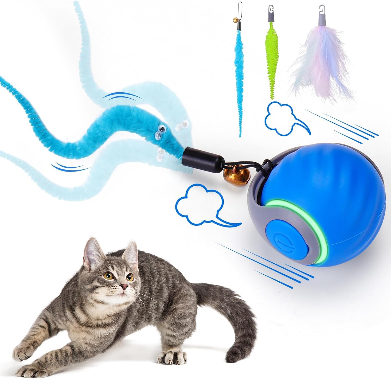 Interactive Cat Toy Ball - Motion-Activated, USB Rechargeable Cat Toys for Indoor Cats with Anti-Scratch Cover & 2 Changeable Tails - Enrichment Toy for Active Cats & Kittens - Best Pet Care Store
