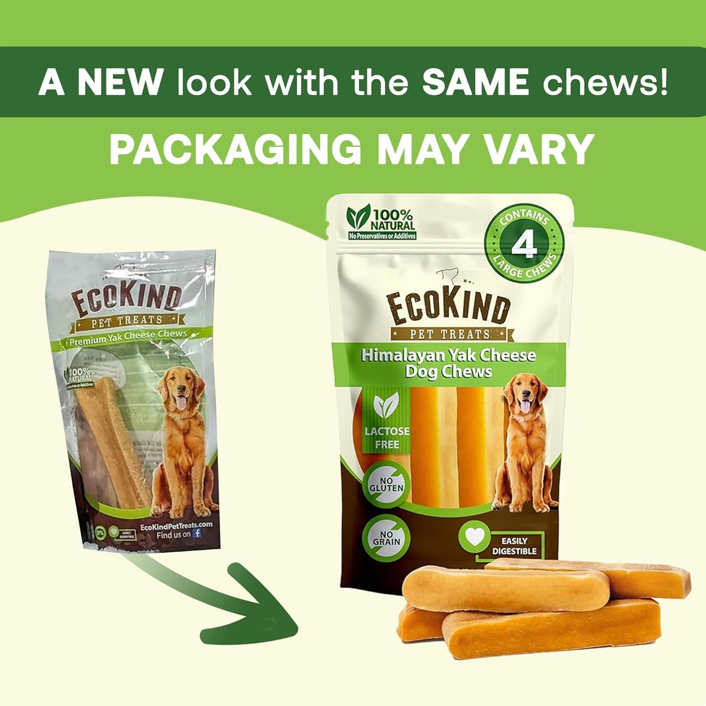 Ecokind Yak Cheese Himalayan Dog Chews, Yak Chews for Large Dogs, Long Lasting Bone for Aggressive Chewers, 3 Ingredient Natural High Protein Dog Treat, No Additives or Lactose, Large - 4 Chews (1 Lb) - Best Pet Care Store