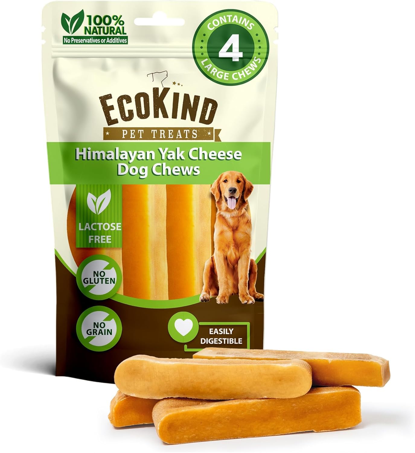 Ecokind Yak Cheese Himalayan Dog Chews, Yak Chews for Large Dogs, Long Lasting Bone for Aggressive Chewers, 3 Ingredient Natural High Protein Dog Treat, No Additives or Lactose, Large - 4 Chews (1 Lb) - Best Pet Care Store