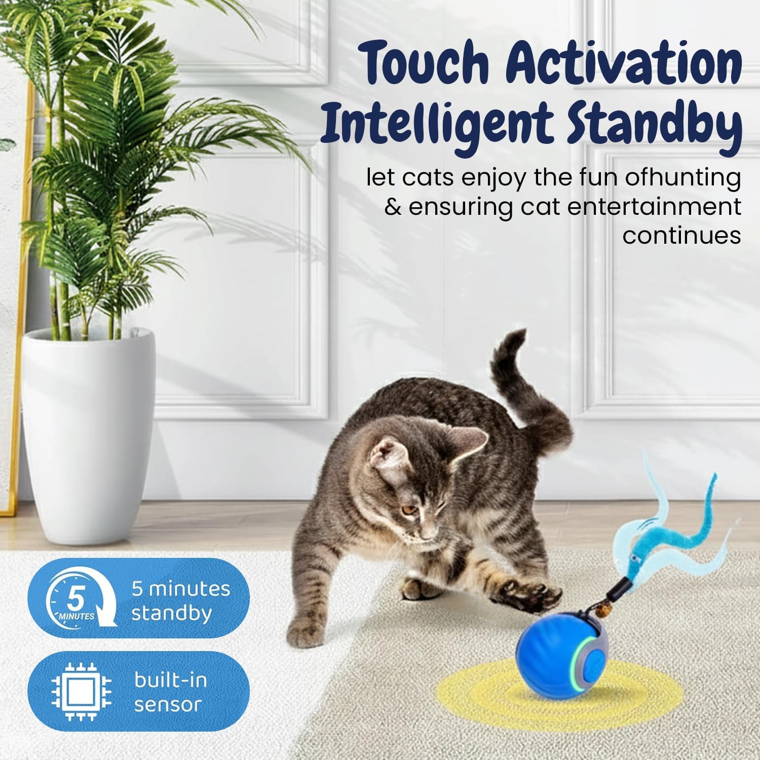 Interactive Cat Toy Ball - Motion-Activated, USB Rechargeable Cat Toys for Indoor Cats with Anti-Scratch Cover & 2 Changeable Tails - Enrichment Toy for Active Cats & Kittens - Best Pet Care Store