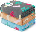1 Pack 3 Blankets Fluffy Premium Fleece Pet Blanket Flannel Paw Printed Throw for Dog Cat(Small 23X16'', Grey/Brown/Blue) | Washable Throw Blanket for Crate, Couch, Bed, Travel. Cute Paw & Bone Print. Puppy Essential, Dog Gift,Grey/Brown/Blue