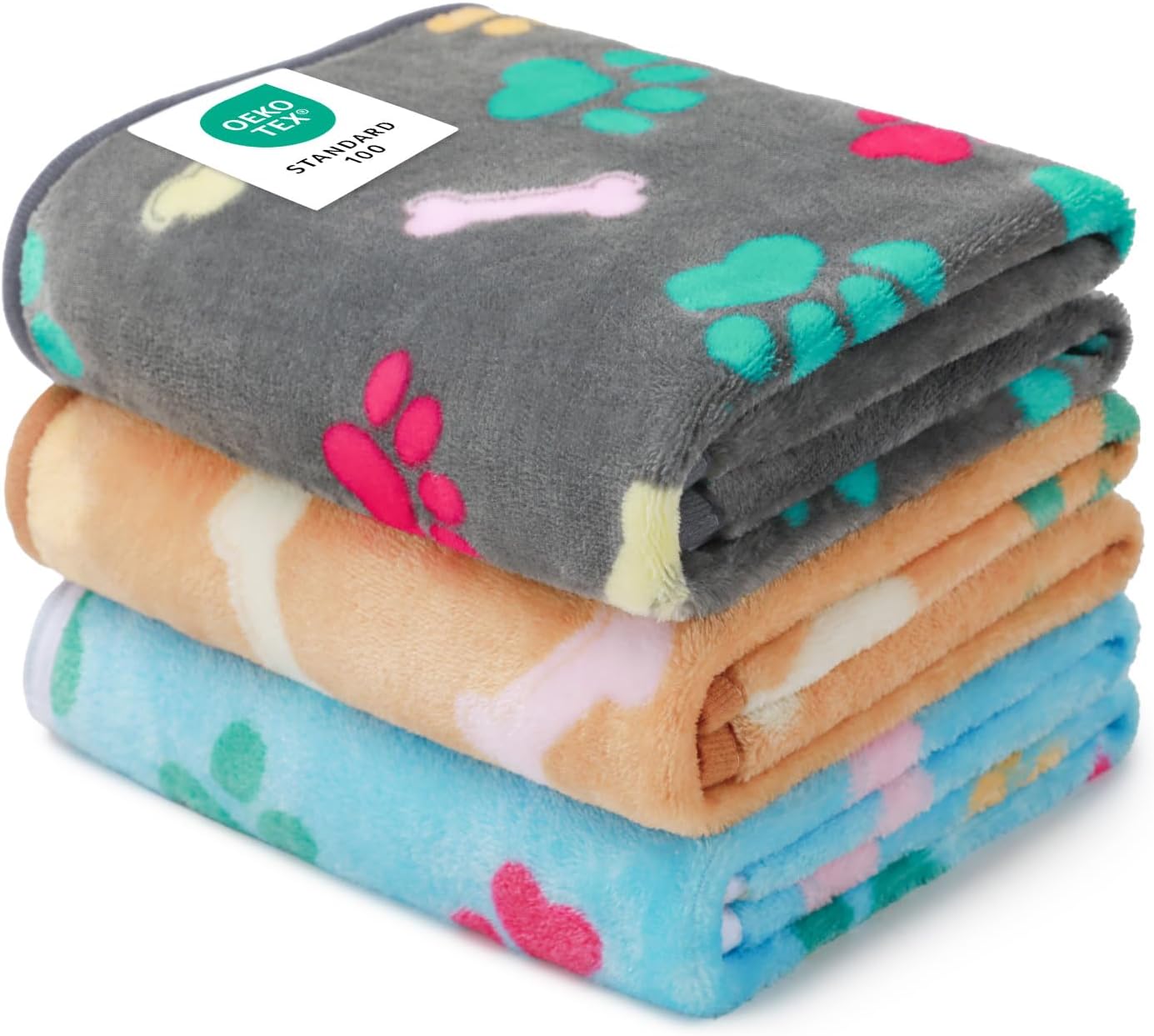1 Pack 3 Blankets Fluffy Premium Fleece Pet Blanket Flannel Paw Printed Throw for Dog Cat(Small 23X16'', Grey/Brown/Blue) | Washable Throw Blanket for Crate, Couch, Bed, Travel. Cute Paw & Bone Print. Puppy Essential, Dog Gift,Grey/Brown/Blue