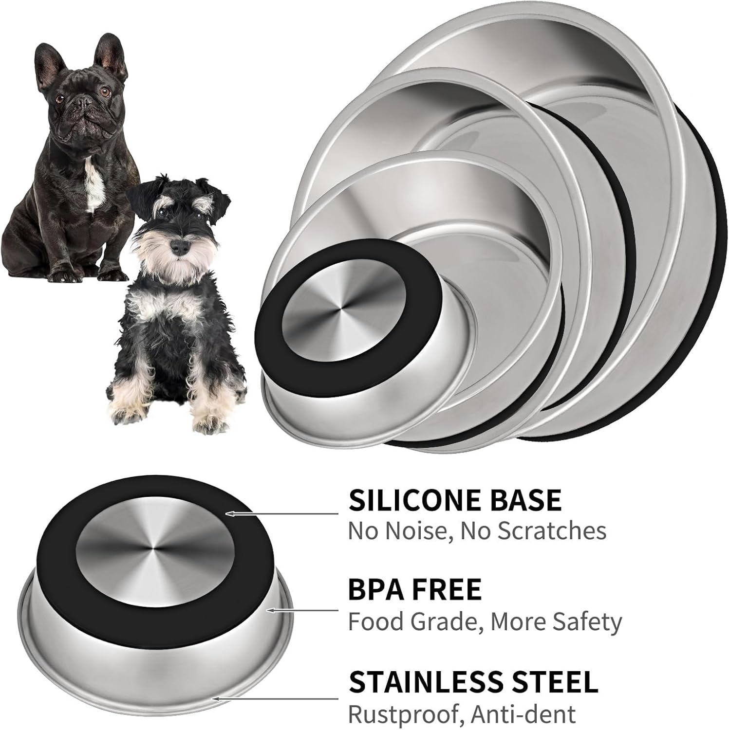 4 Cup Stainless Steel Dog Bowls Set of 2 for Food and Water, Silicone Base Anti-Slip, Rust Resistant, Extra Thick Metal Bowls for Small Dogs, 30Oz, Black - Best Pet Care Store