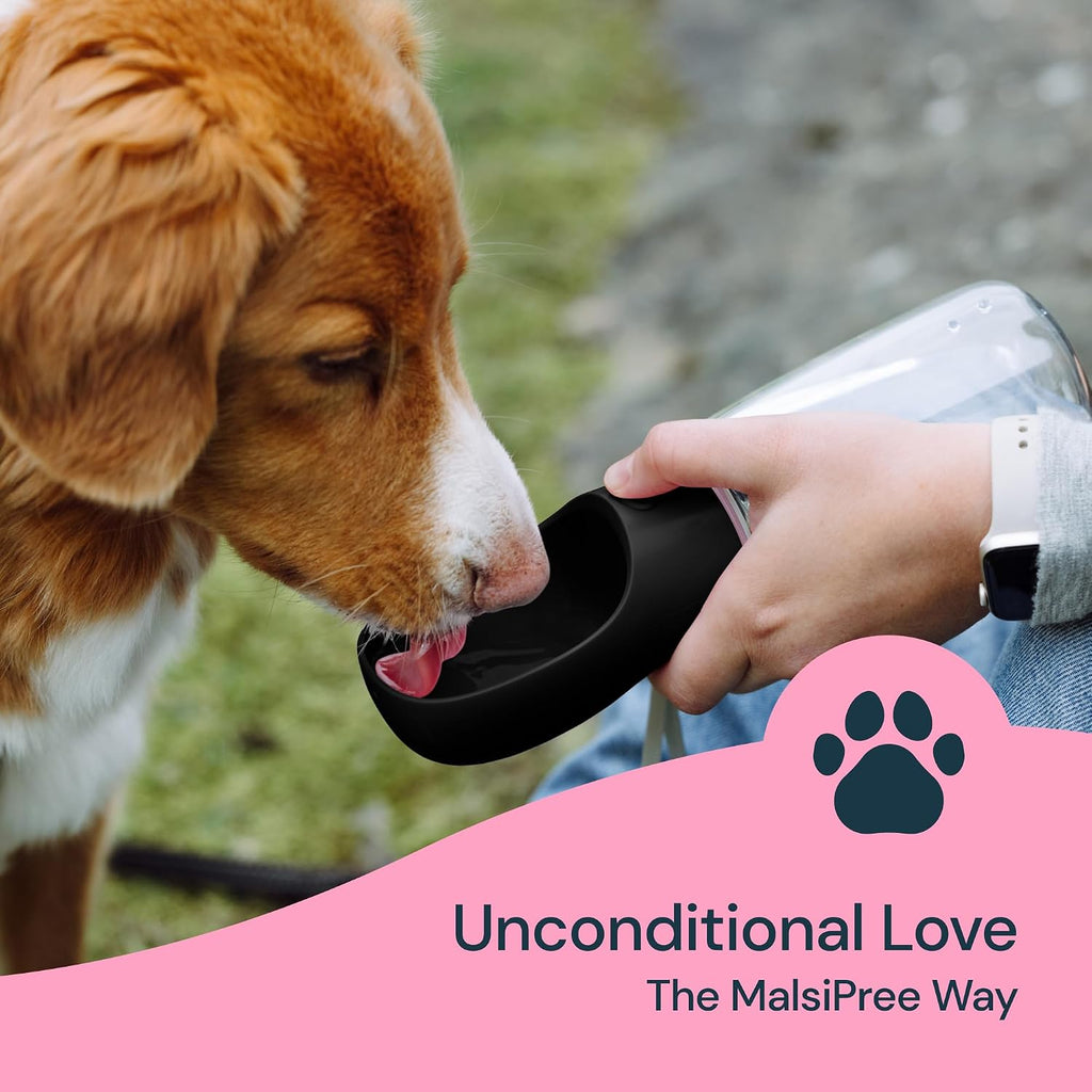 Dog Water Bottle Dispenser - 12 Oz Black, Leak-Proof | 12Oz Leak-Proof Bottle - One-Hand Use - Built-In Bowl - Use for Dog Walks, Travel, Hiking & Beach Days