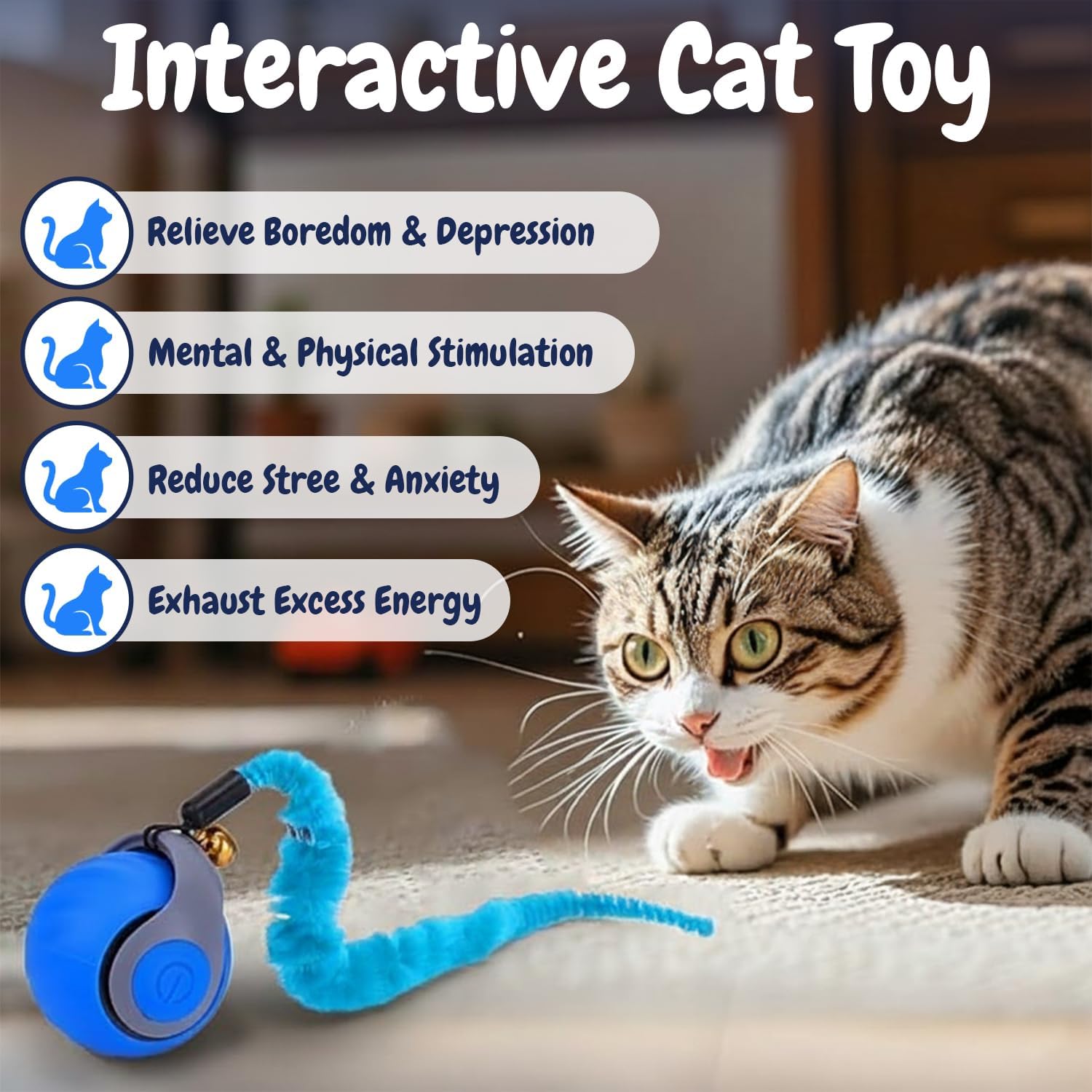 Interactive Cat Toy Ball - Motion-Activated, USB Rechargeable Cat Toys for Indoor Cats with Anti-Scratch Cover & 2 Changeable Tails - Enrichment Toy for Active Cats & Kittens - Best Pet Care Store