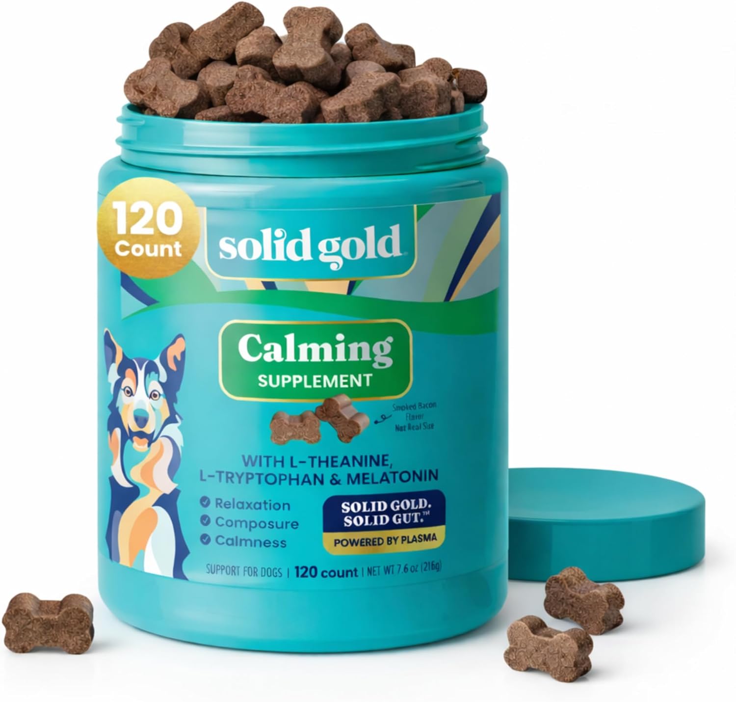 Solid Gold Calming Chews for Dogs - Dog Calming Chews W/Melatonin for Separation, Stress & Hyperactivity Relief - Supports Relaxation for Travel, Fireworks & Storms - All Ages & Sizes - Bacon 120Ct - Best Pet Care Store