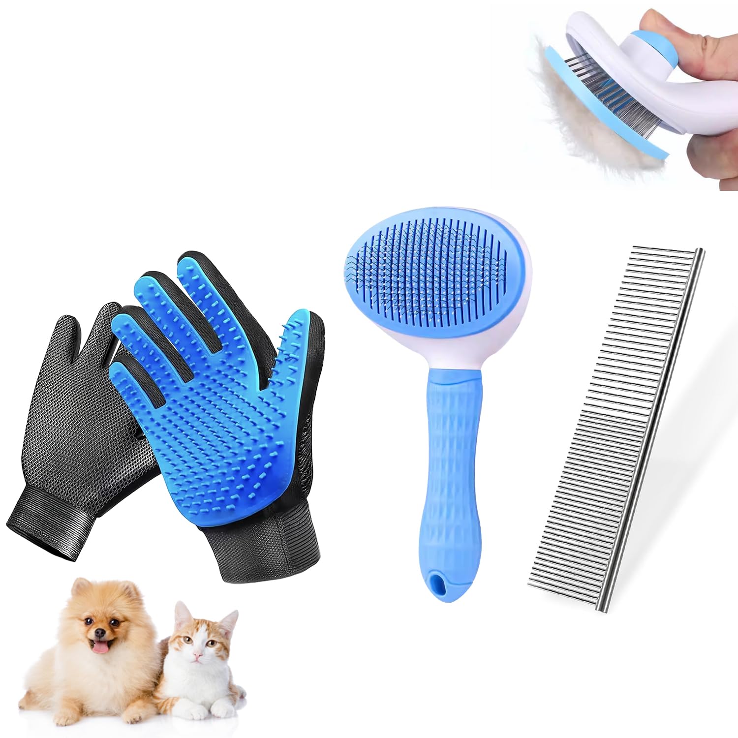 Dog & Cat Brush,Pet Grooming Kit 4PCS- Dog Brush for Shedding| a Pair Pet Hair Removal Gloves| Metal Comb for Dog.Removes Undercoat, Tangled, Dirt and Massages. All Hair Types - Best Pet Care Store