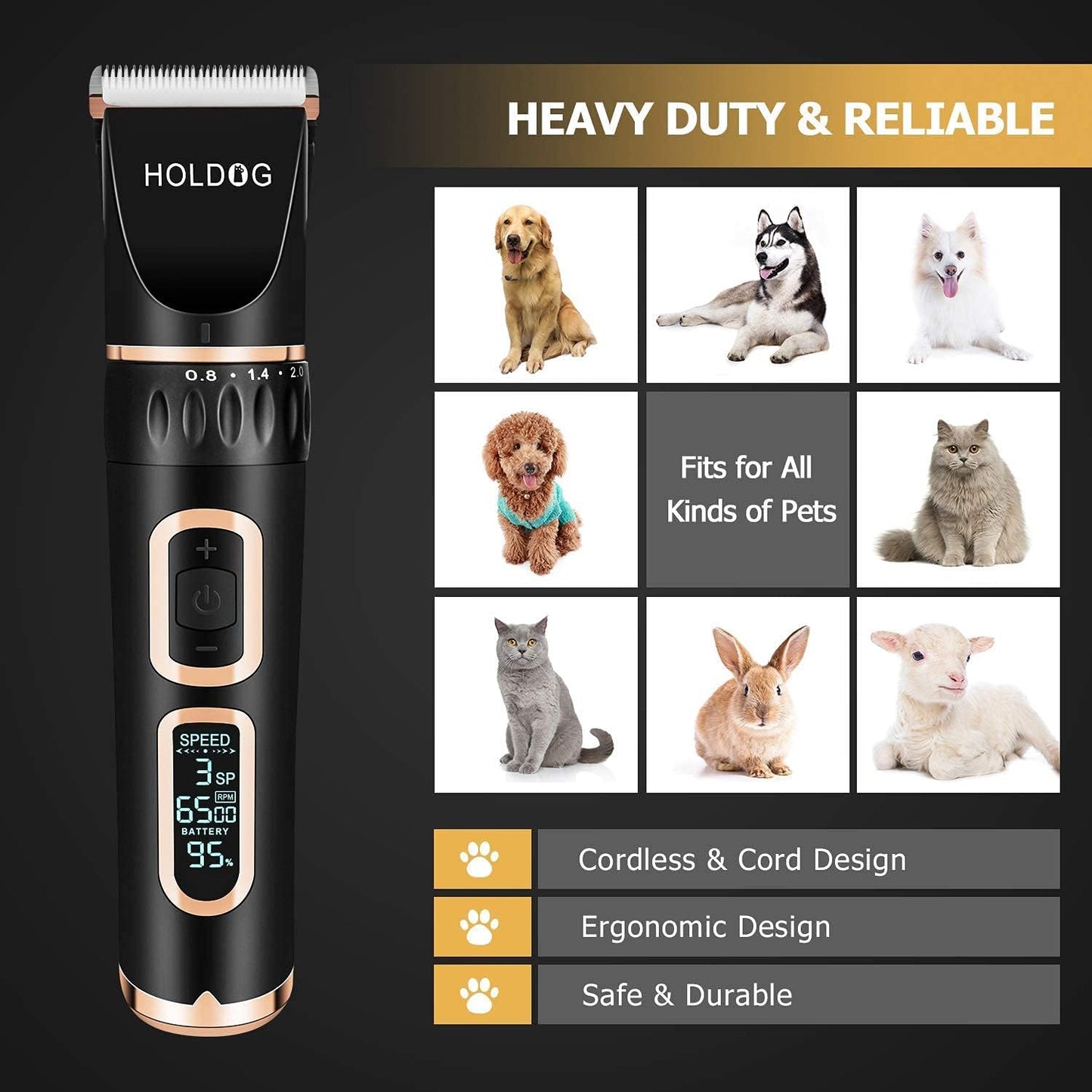 Dog Clippers Professional Heavy Duty Grooming Clipper 3-Speed Low Noise High Power Rechargeable Cordless Pet Tools for Small & Large Dogs Cats Pets with Thick Coats - Best Pet Care Store