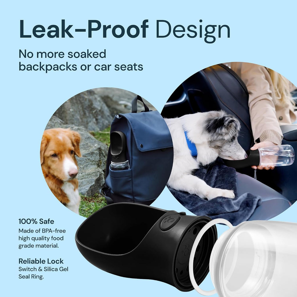 Dog Water Bottle Dispenser - 12 Oz Black, Leak-Proof | 12Oz Leak-Proof Bottle - One-Hand Use - Built-In Bowl - Use for Dog Walks, Travel, Hiking & Beach Days
