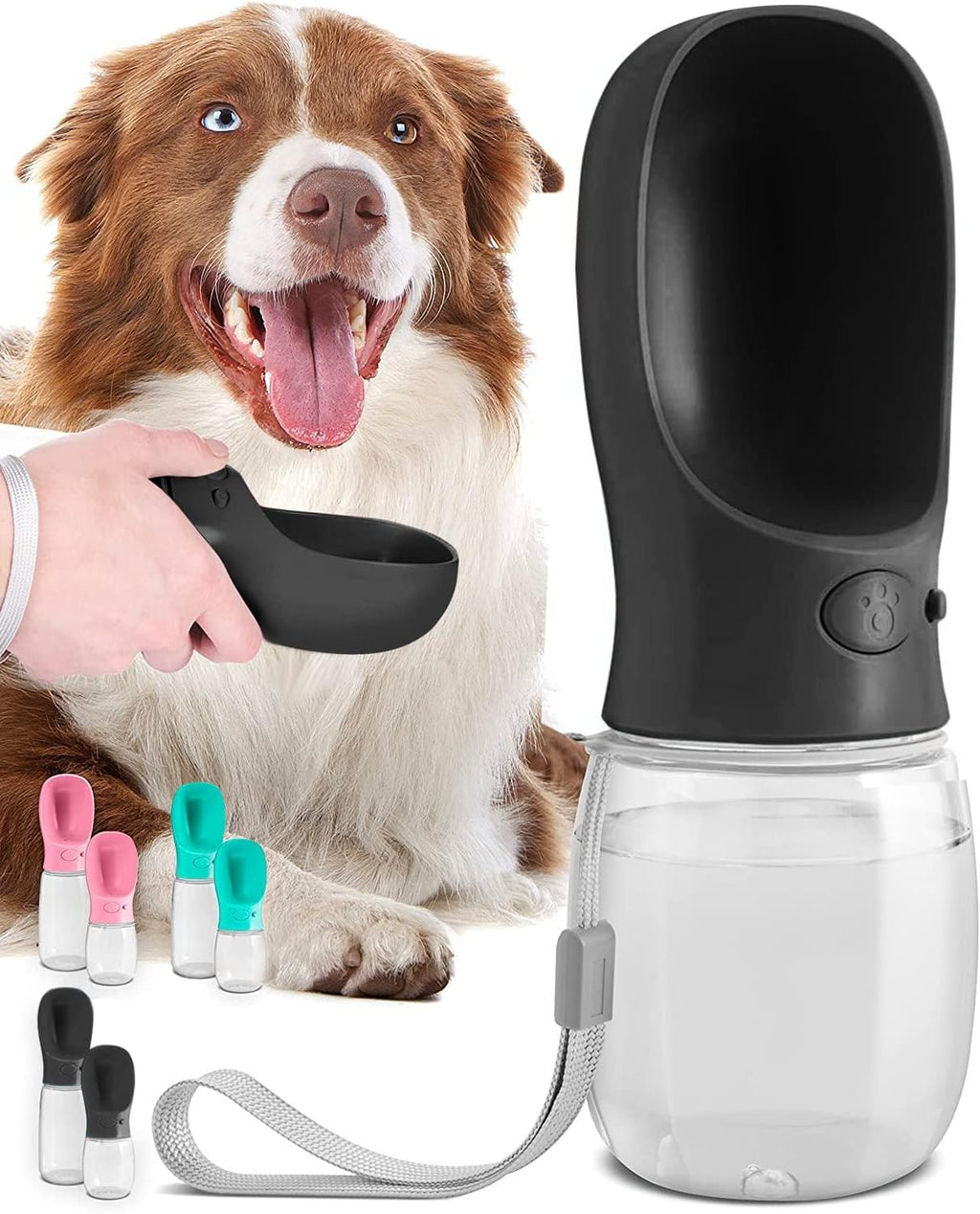 Dog Water Bottle Dispenser - 12 Oz Black, Leak-Proof | 12Oz Leak-Proof Bottle - One-Hand Use - Built-In Bowl - Use for Dog Walks, Travel, Hiking & Beach Days