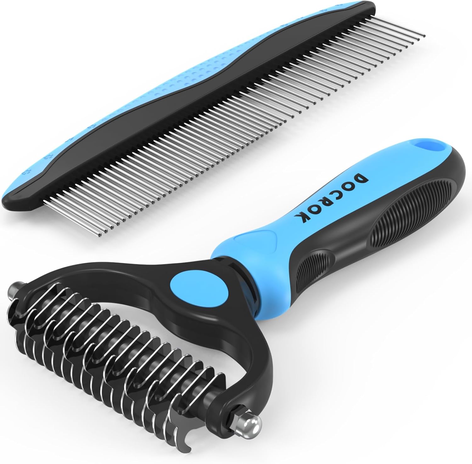Pet Grooming Combo - Blue Deshedding Brush with Metal Comb for Detangling and Dematting Long, Matted Fur on Cats and Dogs - Best Pet Care Store