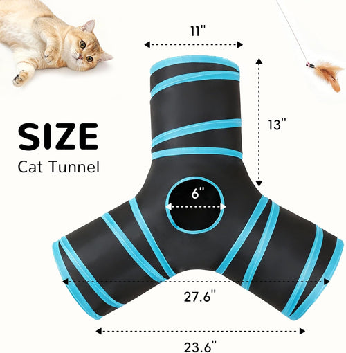 3-Way Collapsible Cat Tunnel Tube with Teaser Wand & Hanging Ball - Best Pet Care Store
