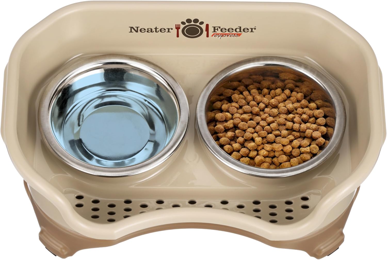 Express Mess Proof Dog Bowls Elevated for Small Breeds under 15 Lb, Made in USA, No Spill Raised Dog Food Bowl Stand, Stainless Steel Food and Water Bowl Set, Feeding Station, Cappuccino - Best Pet Care Store