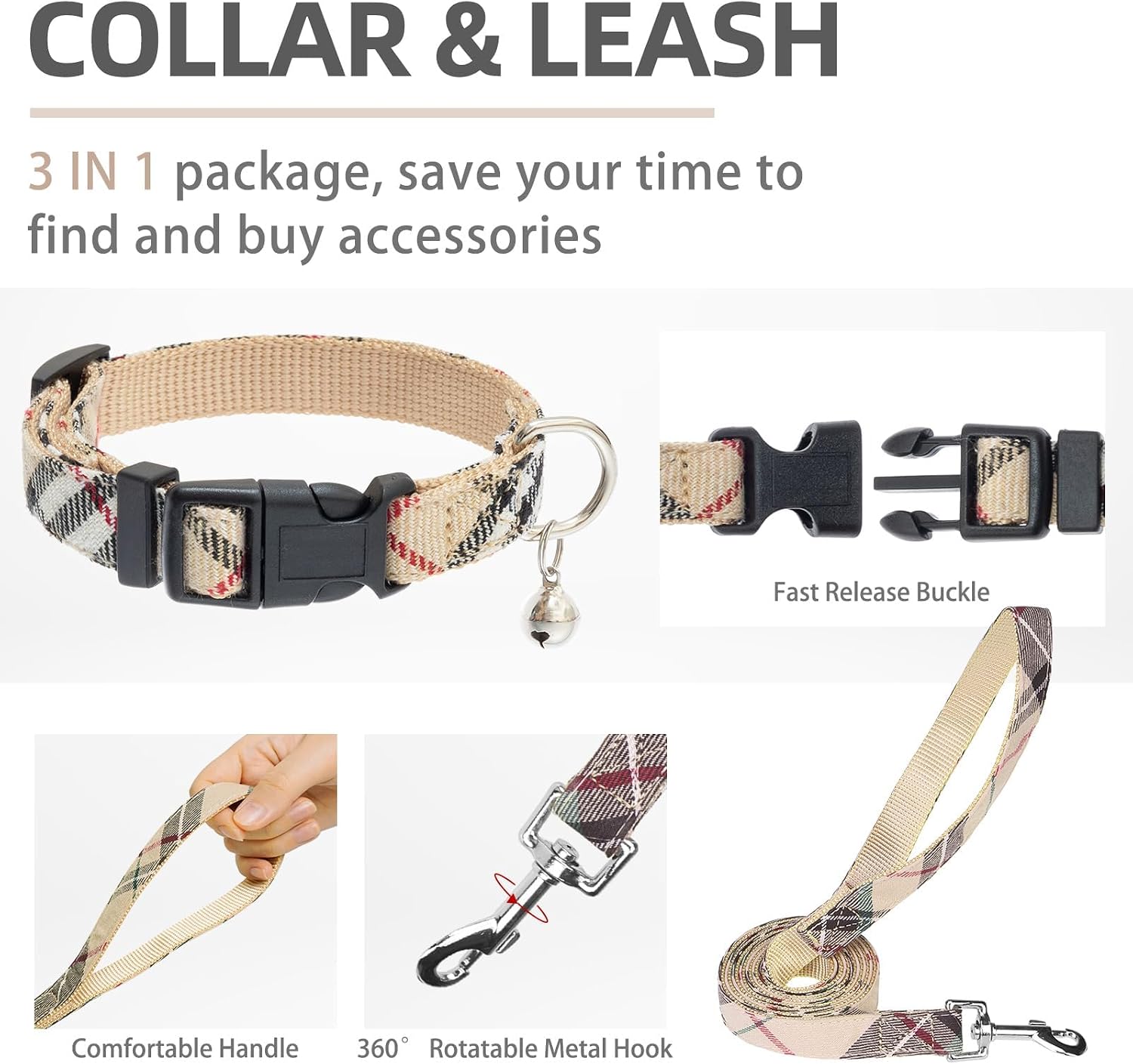 Adjustable Step-In Dog Harness, Collar & Leash Set – Soft Mesh Reflective Vest for Small Dogs & Cats, Beige S - Best Pet Care Store