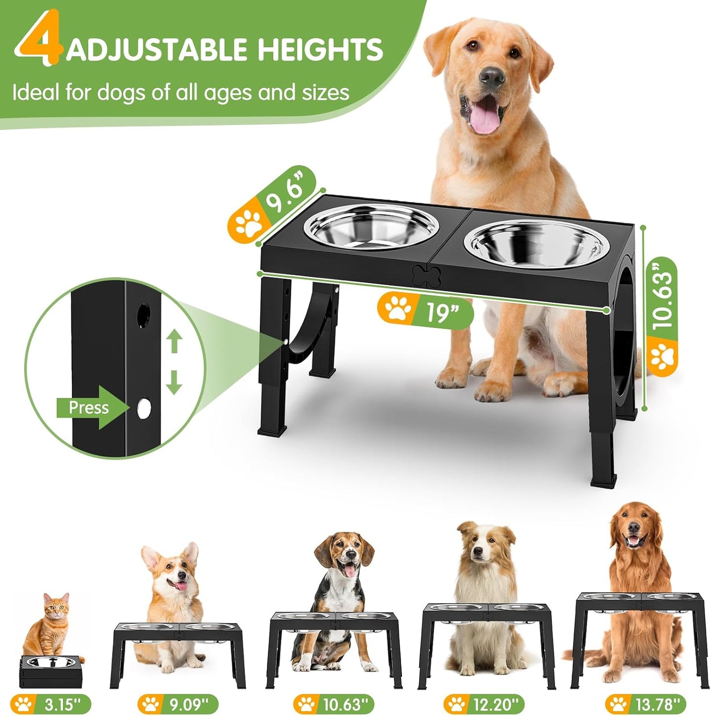 Elevated Dog Bowls Large Breed Raised Dogs Bowl Stand Large/Medium Sized Dog Stainless Steel Food Water Bowl Stands 5 Heights Adjustable 9/11/12/14In Black Pet Feeder Dish Station - Best Pet Care Store