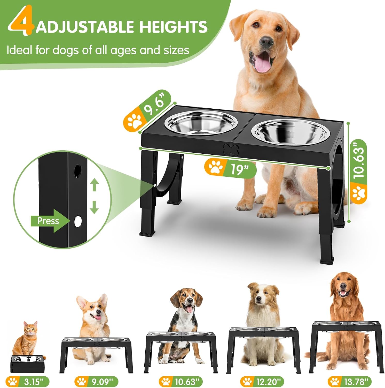 Elevated Dog Bowls Large Breed Raised Dogs Bowl Stand Large/Medium Sized Dog Stainless Steel Food Water Bowl Stands 5 Heights Adjustable 9/11/12/14In Black Pet Feeder Dish Station - Best Pet Care Store