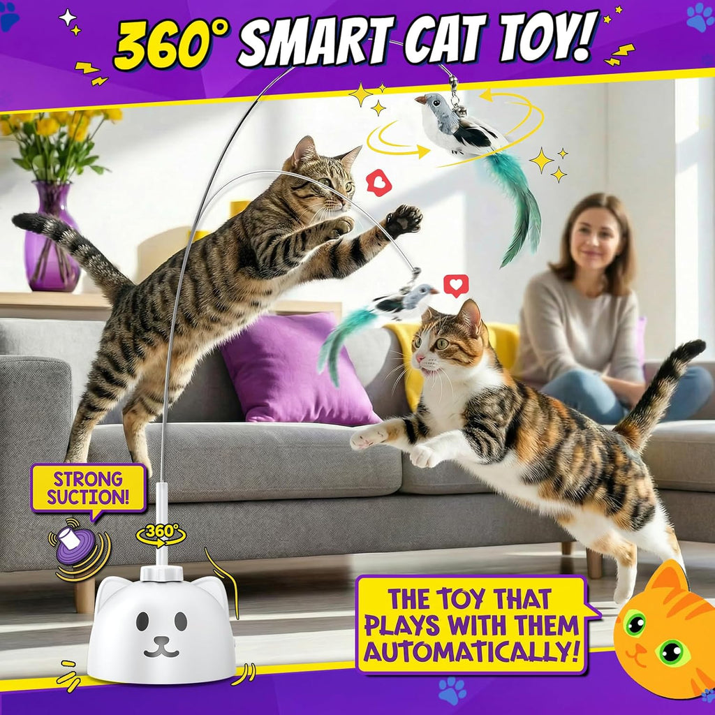 Interactive Cat Toys for Indoor Cats, 360° Automatic Spin Flying Bird Wand | 8Cm Suction Cup & Weighted Base, Silicone-Protected Rod, USB Rechargeable with Replaceable Feather & Streamer Attachments
