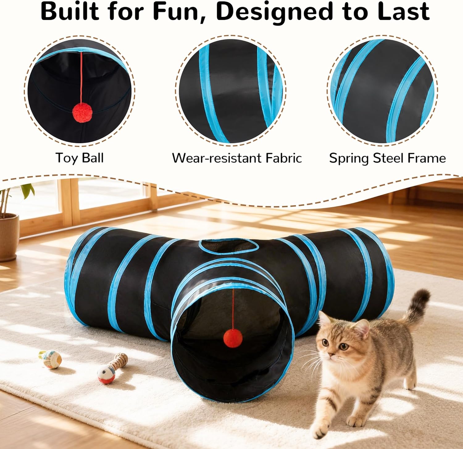 3-Way Collapsible Cat Tunnel Tube with Teaser Wand & Hanging Ball - Best Pet Care Store
